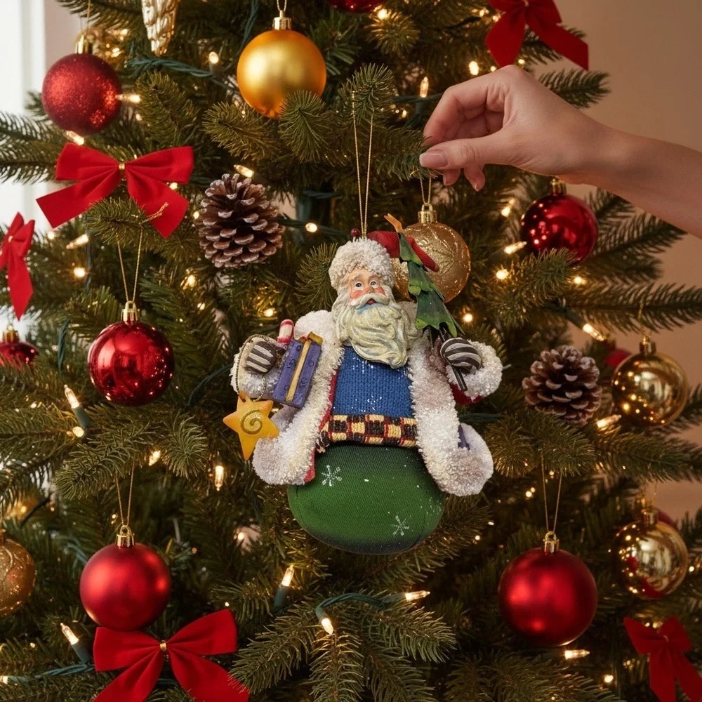 Vintage Santa Claus Holiday-Christmas Ornament Fabric Mache Greeen/Blue EUC